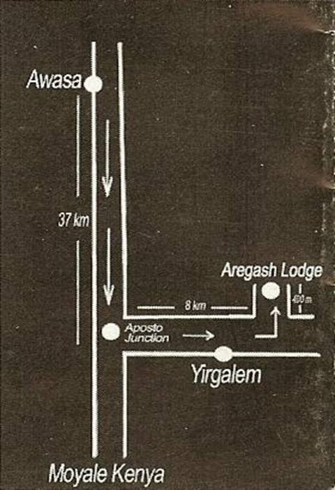 Hand-drawn route map: Awasa to Aposto Junction to Yirgalem to Aregash Lodge